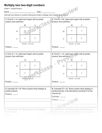 Multiply two two-digit numbers — Guided Practice — Grade 4 worksheet preview