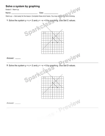 Solve a system by graphing — Warm-up — Grade 8 worksheet preview