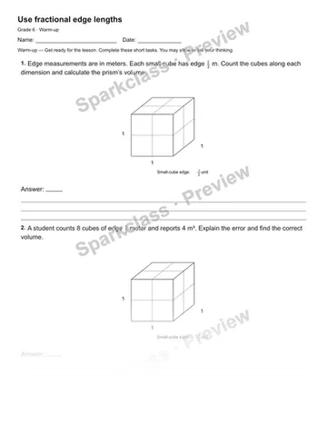 Use fractional edge lengths — Warm-up — Grade 6 worksheet preview