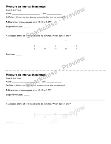 Measure an interval in minutes — Exit Ticket — Grade 3 worksheet preview