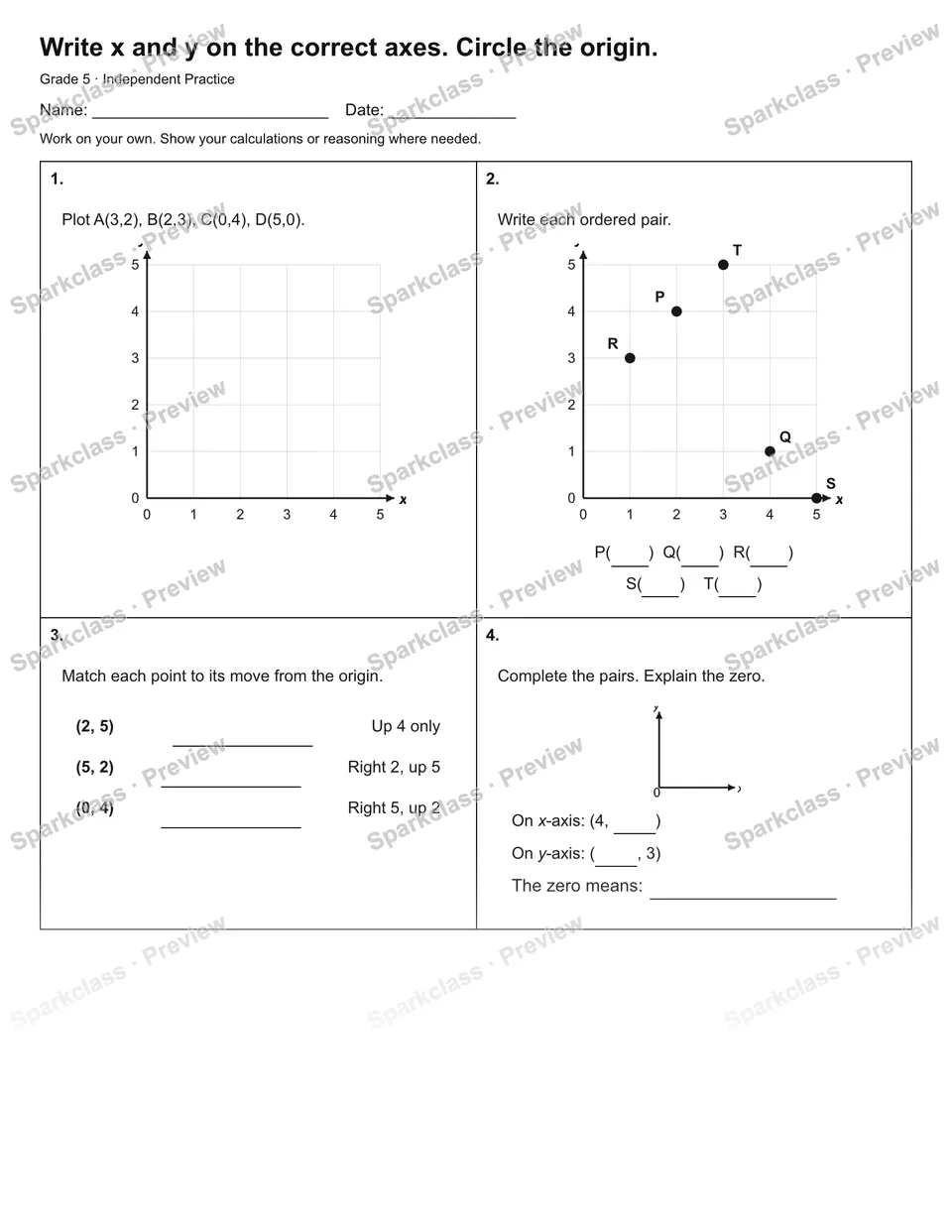 Write x and y on the correct axes. Circle the origin. — Independent Practice — page 1