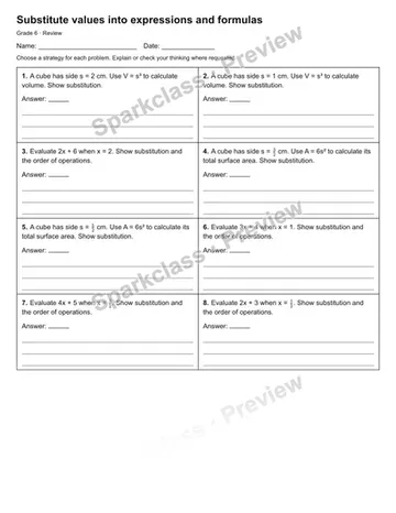 Substitute values into expressions and formulas — Review — Grade 6 worksheet preview