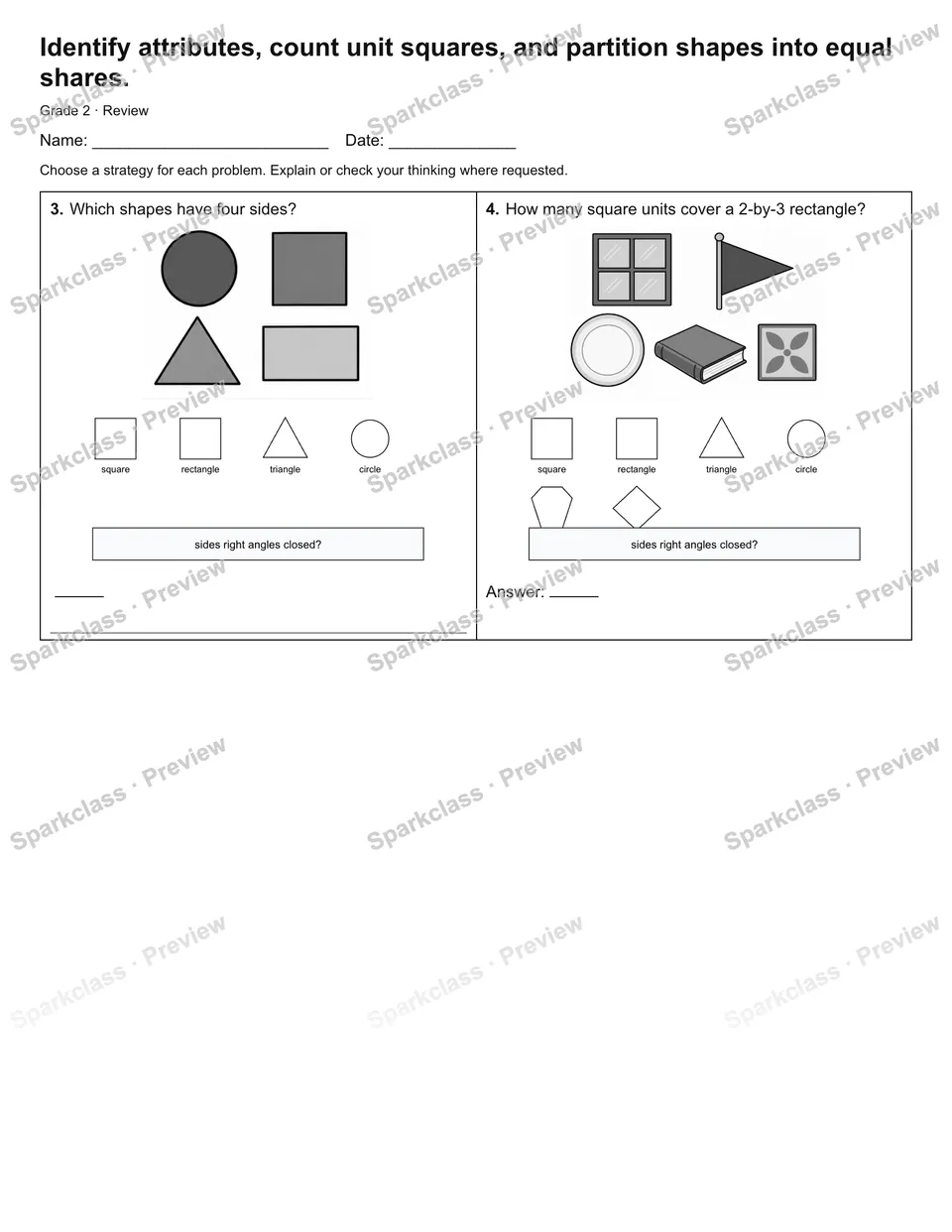 Identify attributes, count unit squares, and partition shapes into equal shares. — Review — page 2