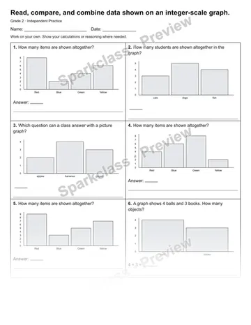 Read, compare, and combine data shown on an integer-scale graph. — Independent Practice — Grade 2 worksheet preview