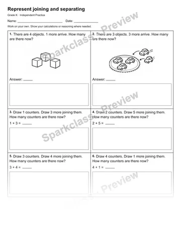 Represent joining and separating — Independent Practice — Kindergarten worksheet preview