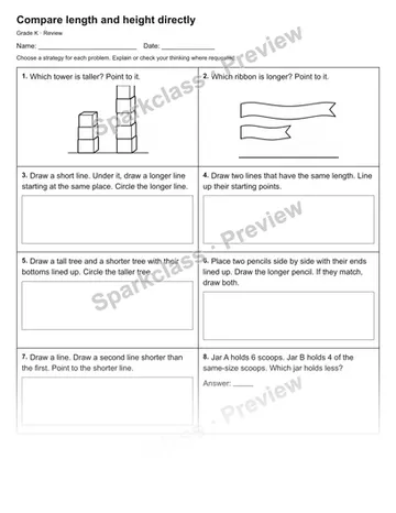 Compare length and height directly — Review — Kindergarten worksheet preview