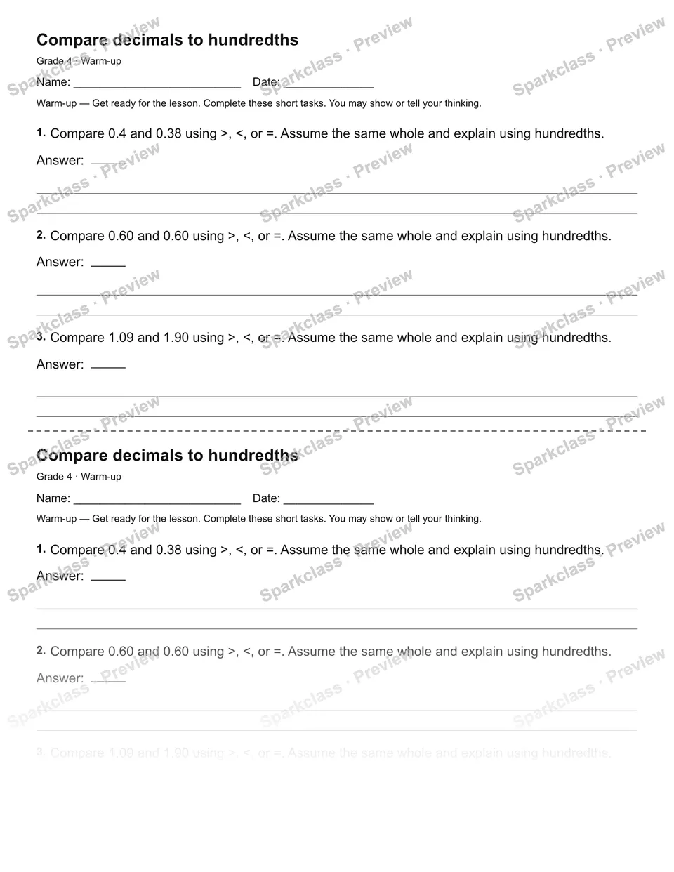 Compare decimals to hundredths — Warm-up — page 1