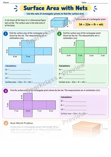 Surface Area Nets — Grade 6 worksheet preview