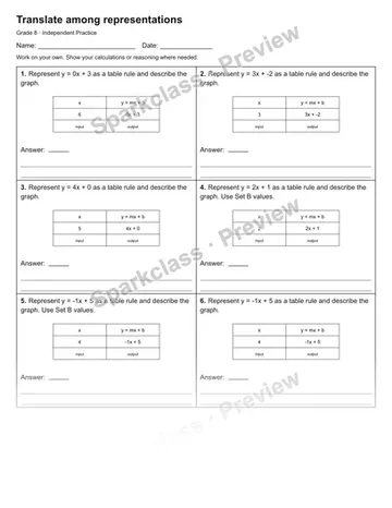 Translate among representations — Independent Practice — Grade 8 worksheet preview
