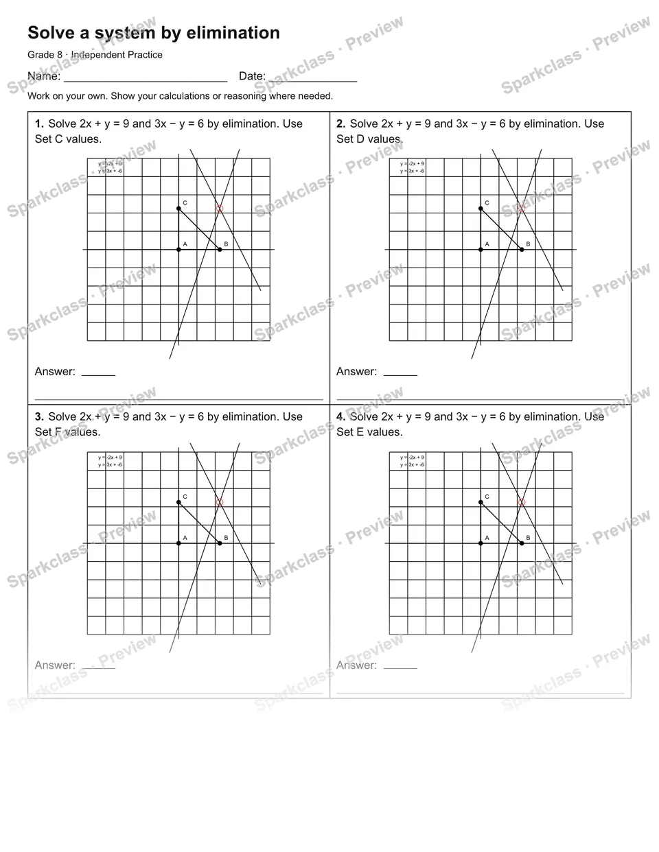 Solve a system by elimination — Independent Practice — page 1