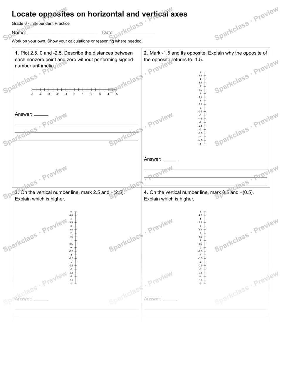 Locate opposites on horizontal and vertical axes — Independent Practice — page 1