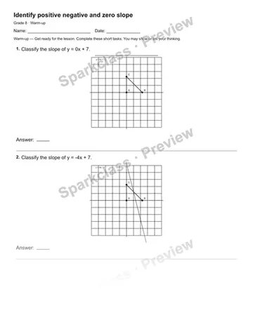 Identify positive negative and zero slope — Warm-up — Grade 8 worksheet preview