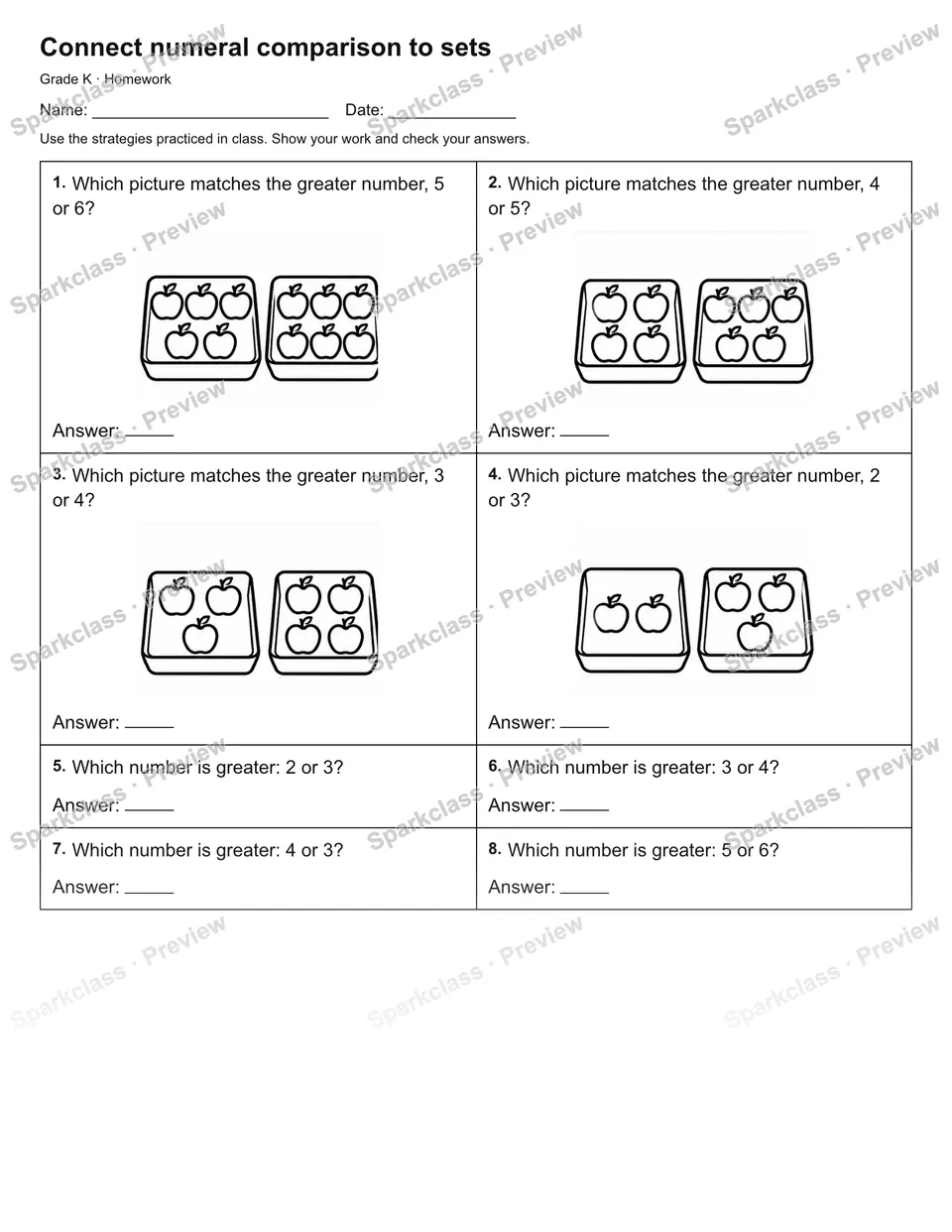 Connect numeral comparison to sets — Homework — page 1