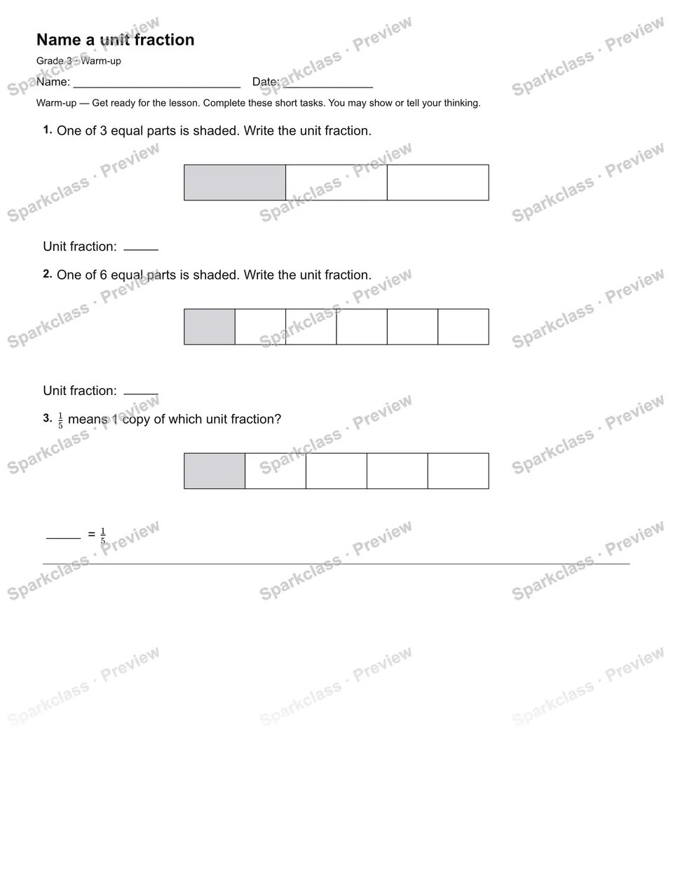 Name a unit fraction — Warm-up — page 1