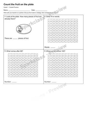 Count the fruit on the plate — Guided Practice — Grade 1 worksheet preview