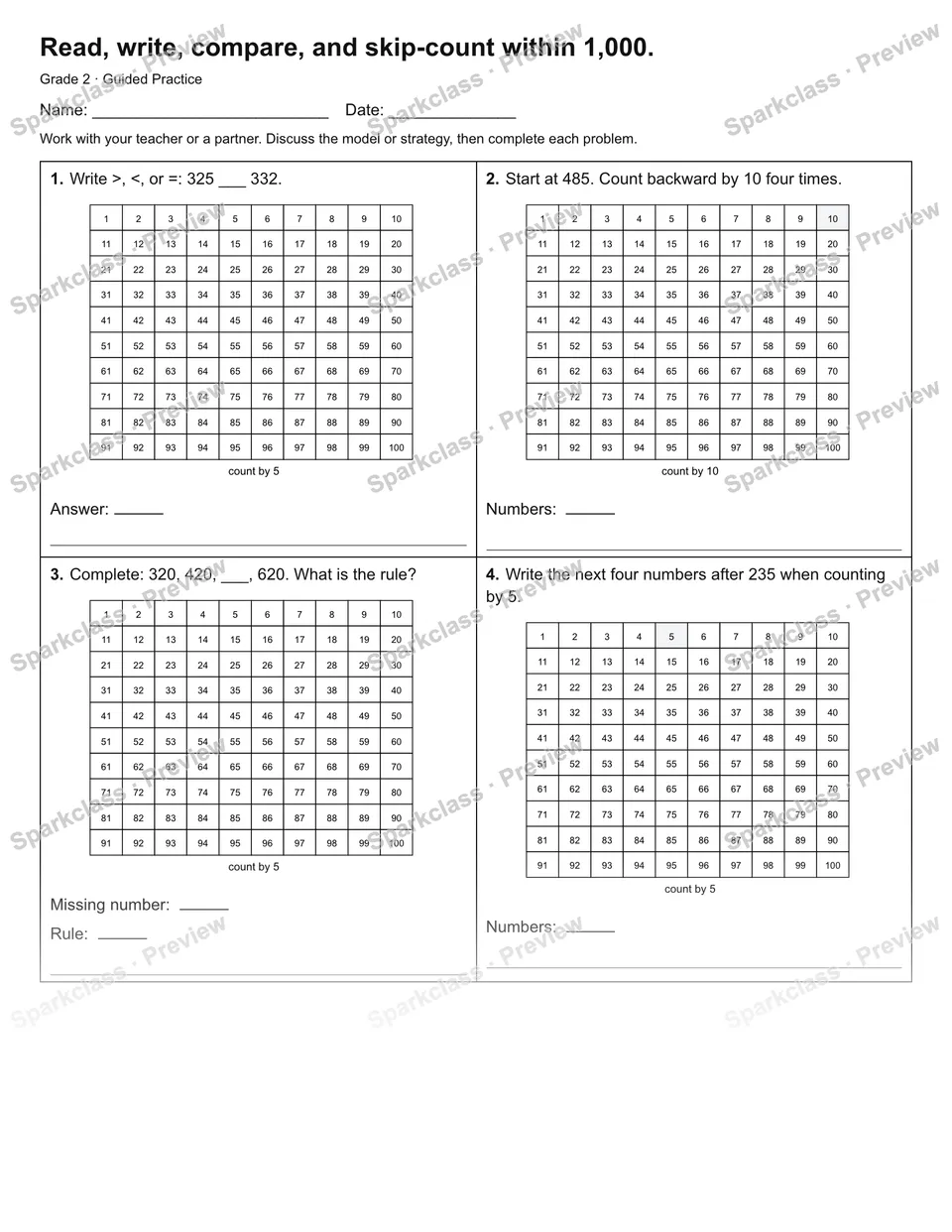 Read, write, compare, and skip-count within 1,000. — Guided Practice — page 1