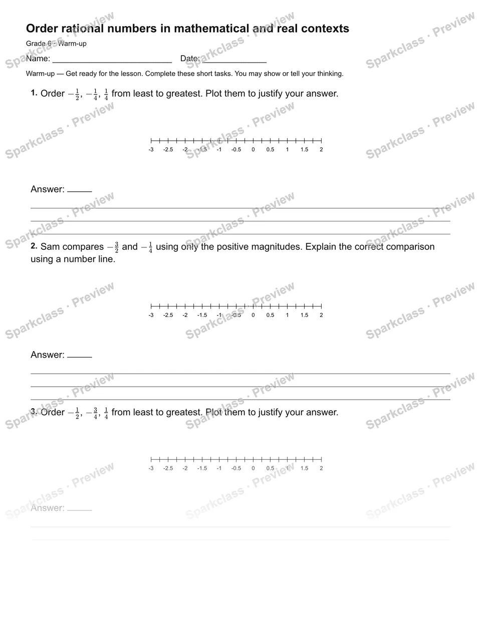 Order rational numbers in mathematical and real contexts — Warm-up — page 2