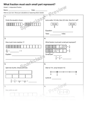 What fraction must each small part represent? — Independent Practice — Grade 5 worksheet preview