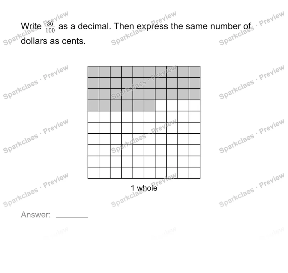 Write hundredths as decimals — page 1