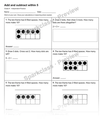 Add and subtract within 5 — Independent Practice — Kindergarten worksheet preview