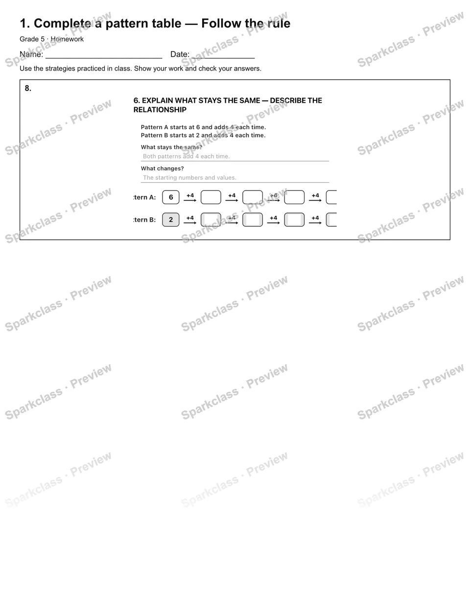 1. Complete a pattern table — Follow the rule — Homework — page 3