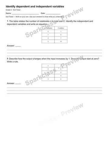 Identify dependent and independent variables — Exit Ticket — Grade 6 worksheet preview
