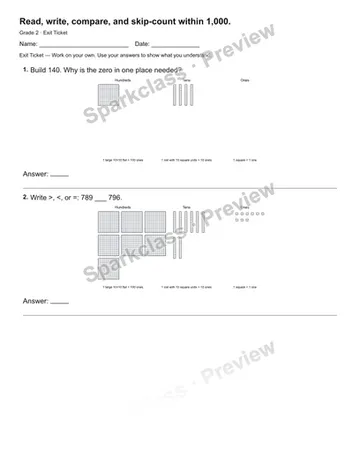 Read, write, compare, and skip-count within 1,000. — Exit Ticket — Grade 2 worksheet preview