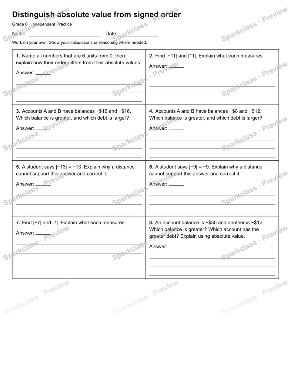 Distinguish absolute value from signed order — Independent Practice — page 1
