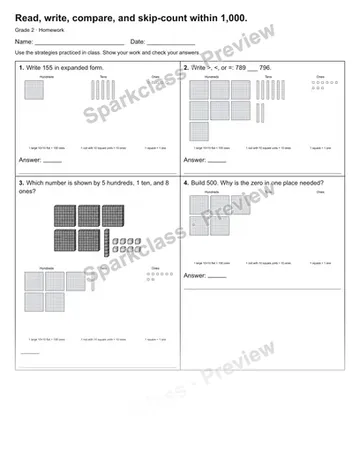 Read, write, compare, and skip-count within 1,000. — Homework — Grade 2 worksheet preview