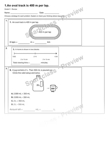 1.An oval track is 400 m per lap. — Review — Grade 5 worksheet preview