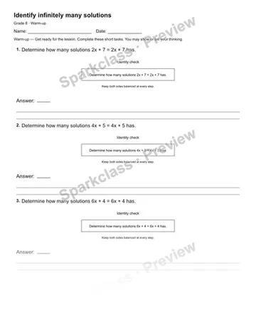 Identify infinitely many solutions — Warm-up — Grade 8 worksheet preview