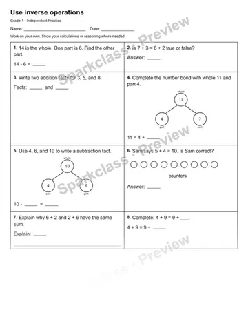 Use inverse operations — Independent Practice — Grade 1 worksheet preview