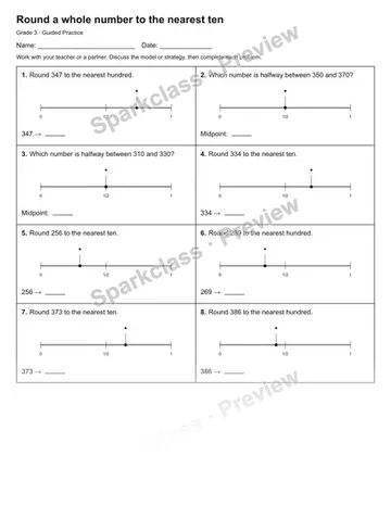 Round a whole number to the nearest ten — Guided Practice — Grade 3 worksheet preview