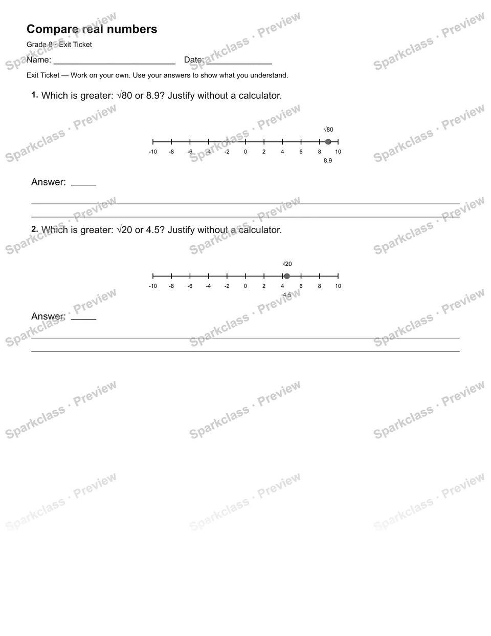 Compare real numbers — Exit Ticket — page 2