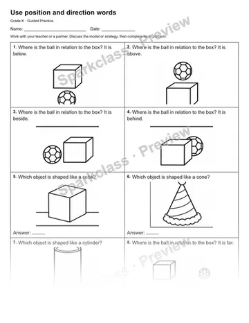 Use position and direction words — Guided Practice — Kindergarten worksheet preview
