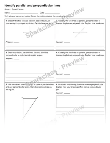 Identify parallel and perpendicular lines — Guided Practice — Grade 4 worksheet preview