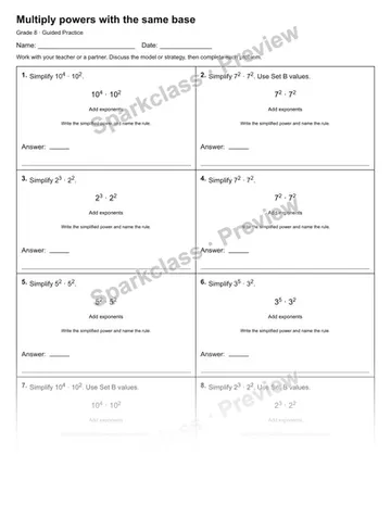 Multiply powers with the same base — Guided Practice — Grade 8 worksheet preview