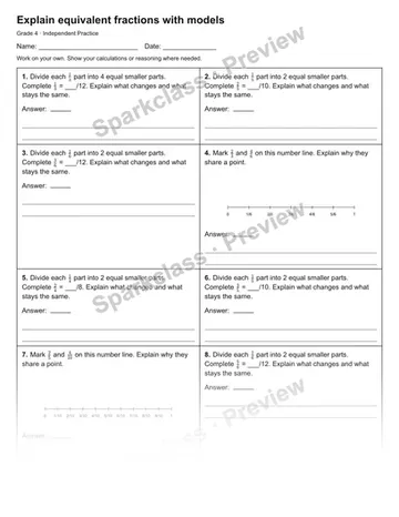 Explain equivalent fractions with models — Independent Practice — Grade 4 worksheet preview