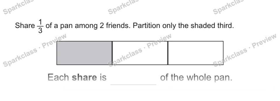 Share 1/3 of a pan among 2 friends. Partition only the shaded third. Each share is of the whole pan. — page 1