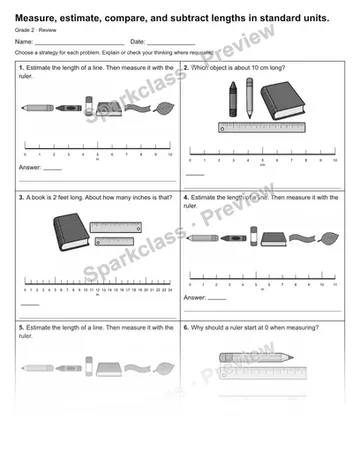 Measure, estimate, compare, and subtract lengths in standard units. — Review — Grade 2 worksheet preview