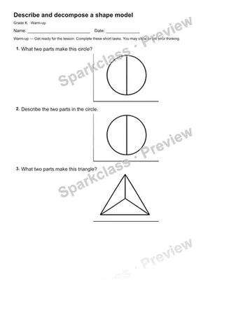 Describe and decompose a shape model — Warm-up — Kindergarten worksheet preview