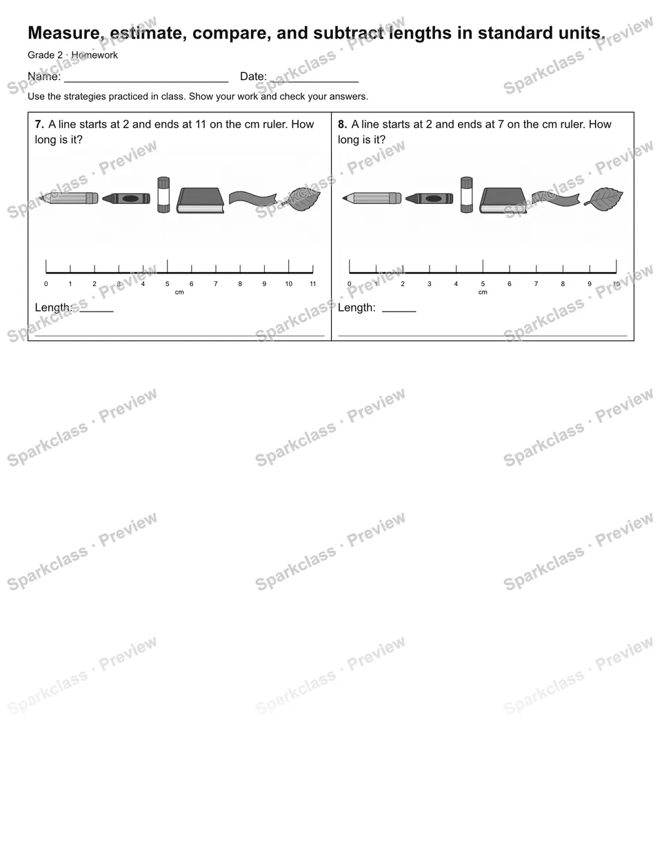 Measure, estimate, compare, and subtract lengths in standard units. — Homework — page 2