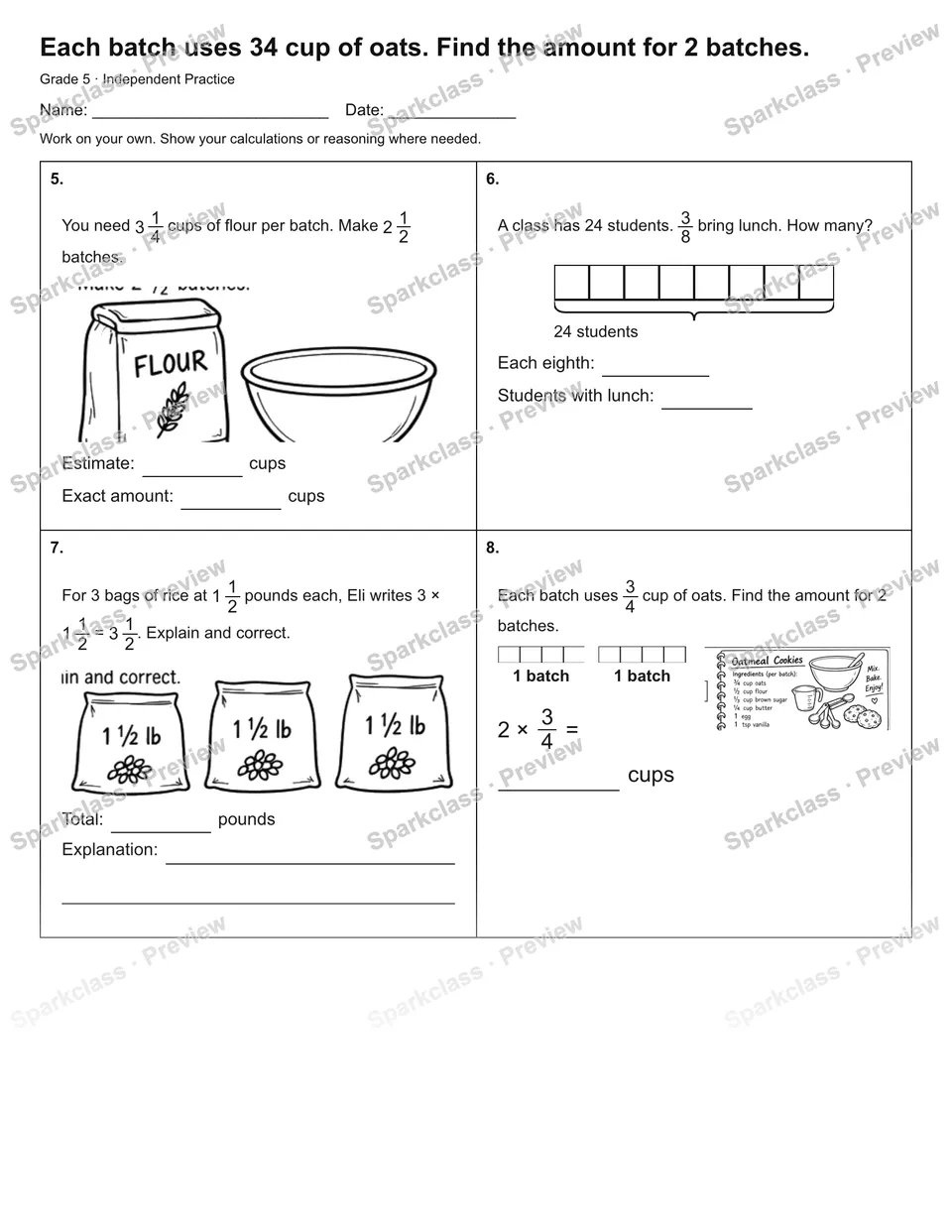 Each batch uses 34 cup of oats. Find the amount for 2 batches. — Independent Practice — page 2