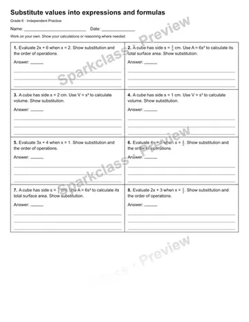 Substitute values into expressions and formulas — Independent Practice — Grade 6 worksheet preview