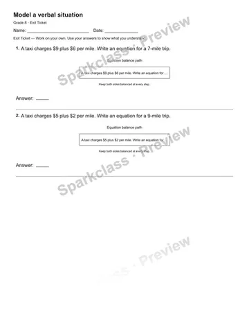Model a verbal situation — Exit Ticket — Grade 8 worksheet preview