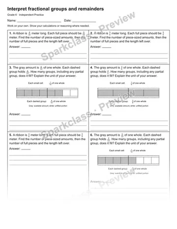 Interpret fractional groups and remainders — Independent Practice — Grade 6 worksheet preview
