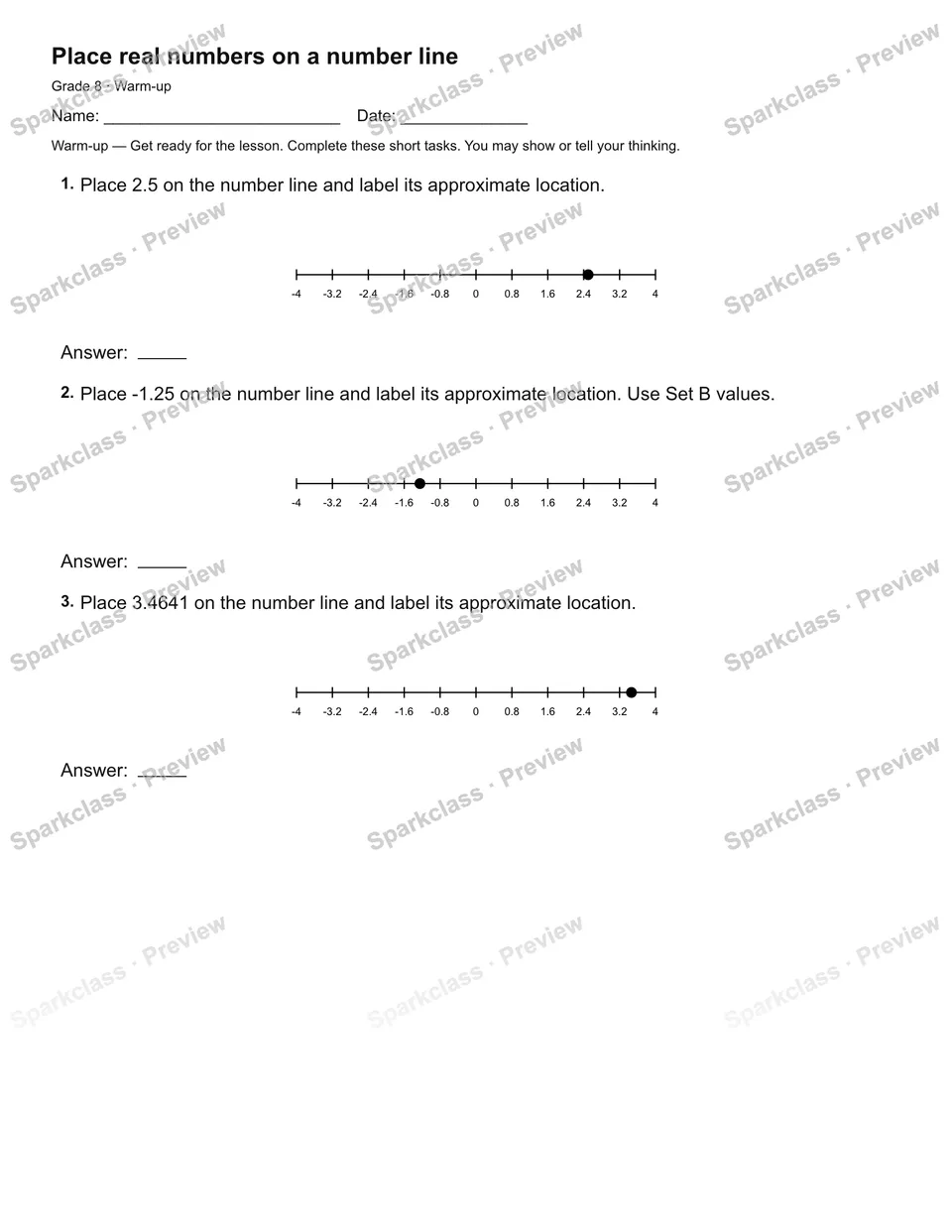 Place real numbers on a number line — Warm-up — page 1
