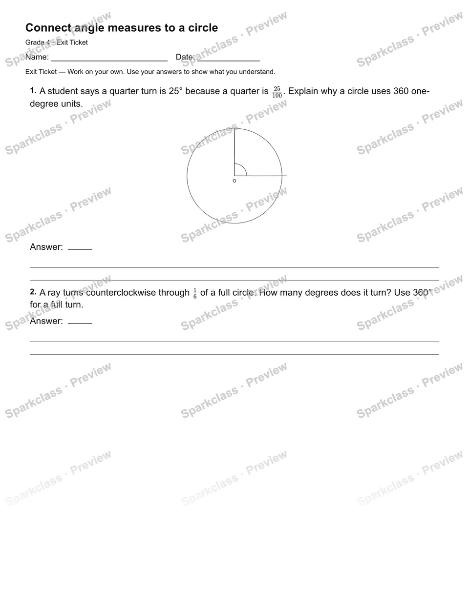Connect angle measures to a circle — Exit Ticket — page 1
