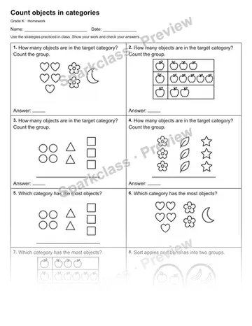 Count objects in categories — Homework — Kindergarten worksheet preview