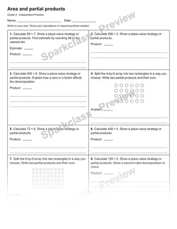 Area and partial products — Independent Practice — Grade 4 worksheet preview